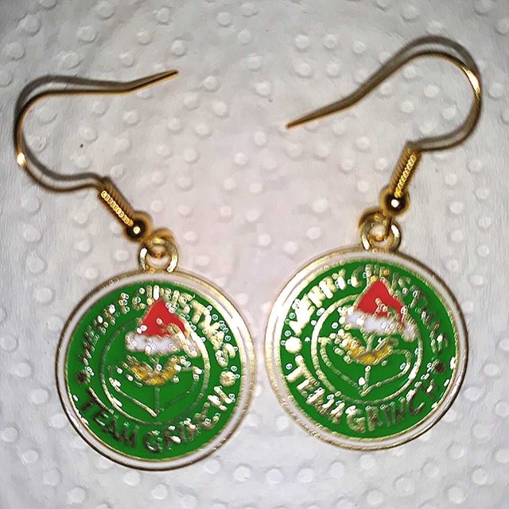 Grinch Dangle Earrings "Team Grinch" Disc style NEW